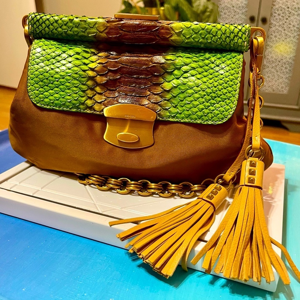 Prada Exotic Green & Brown Python Microfiber Bag - image 1
